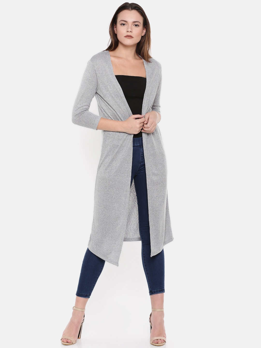

Enamor Women Grey Melange Relaxed Fit Longline Open Front Shrug