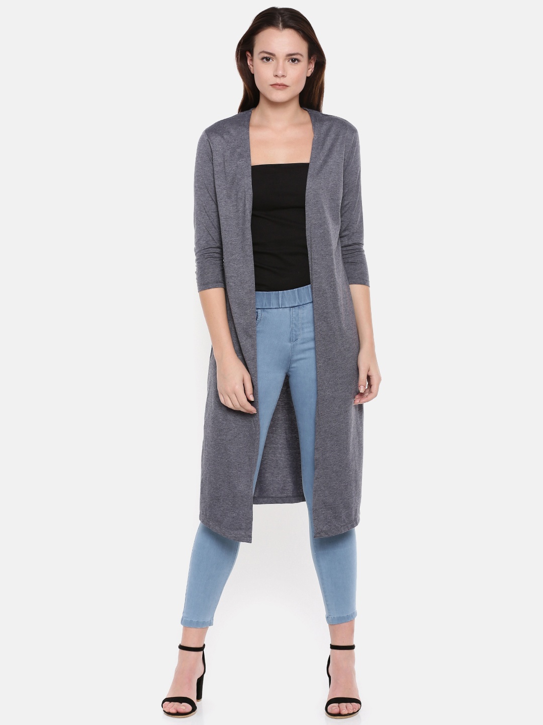

Enamor Women Blue Solid Relaxed Fit Longline Open Front Shrug
