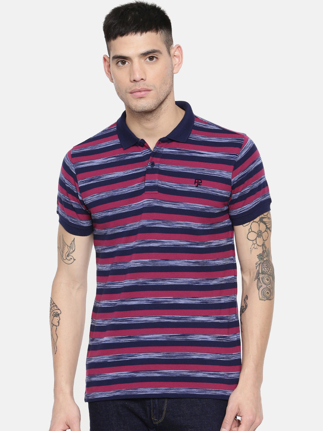 

Pepe Jeans Men Magenta & Navy Blue Striped Polo Collar T-shirt