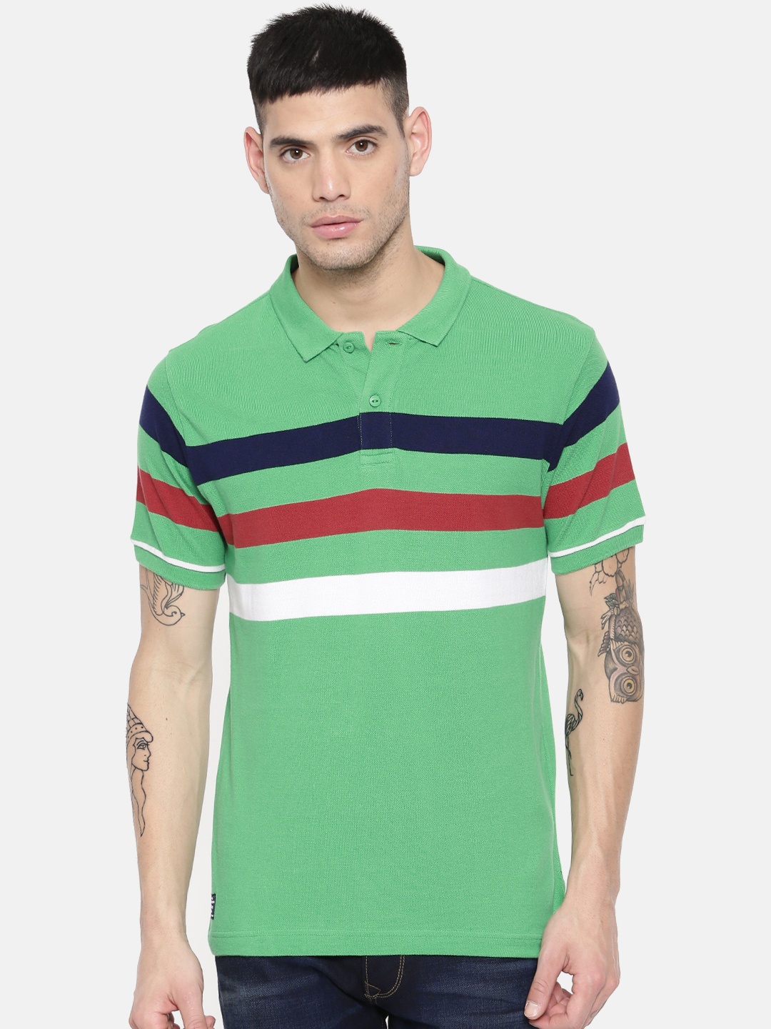 

Pepe Jeans Men Green Striped Polo Collar Pure Cotton T-shirt