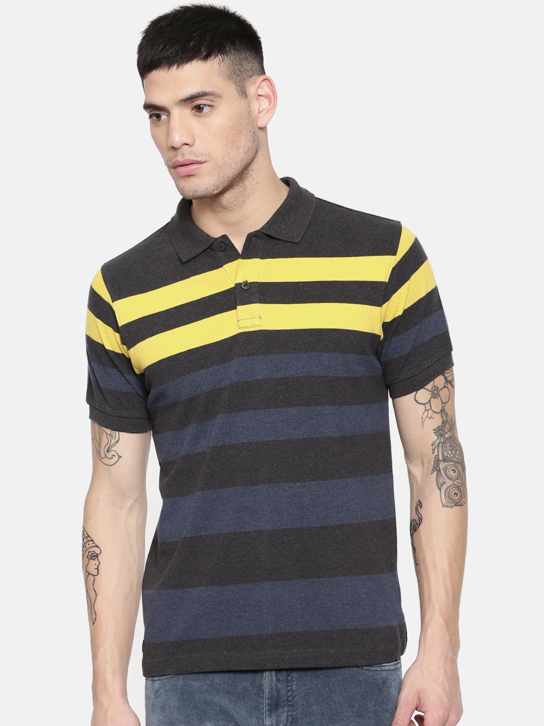 

Pepe Jeans Men Charcoal Grey Blue Striped Polo Collar Pure Cotton T-shirt