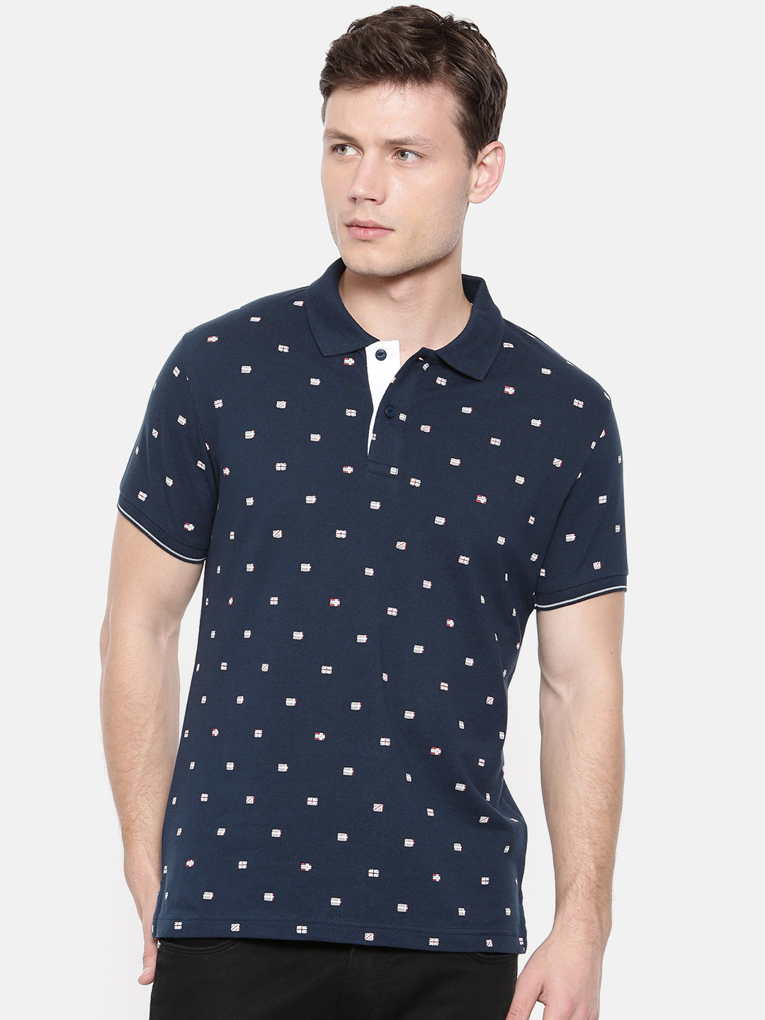 

Pepe Jeans Men Navy Blue Printed Polo Collar Pure Cotton T-shirt