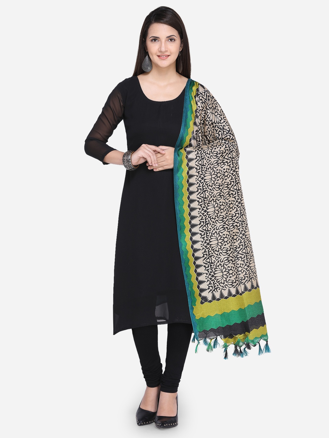 

Saree mall Cream-Coloured & Green Printed Dupatta