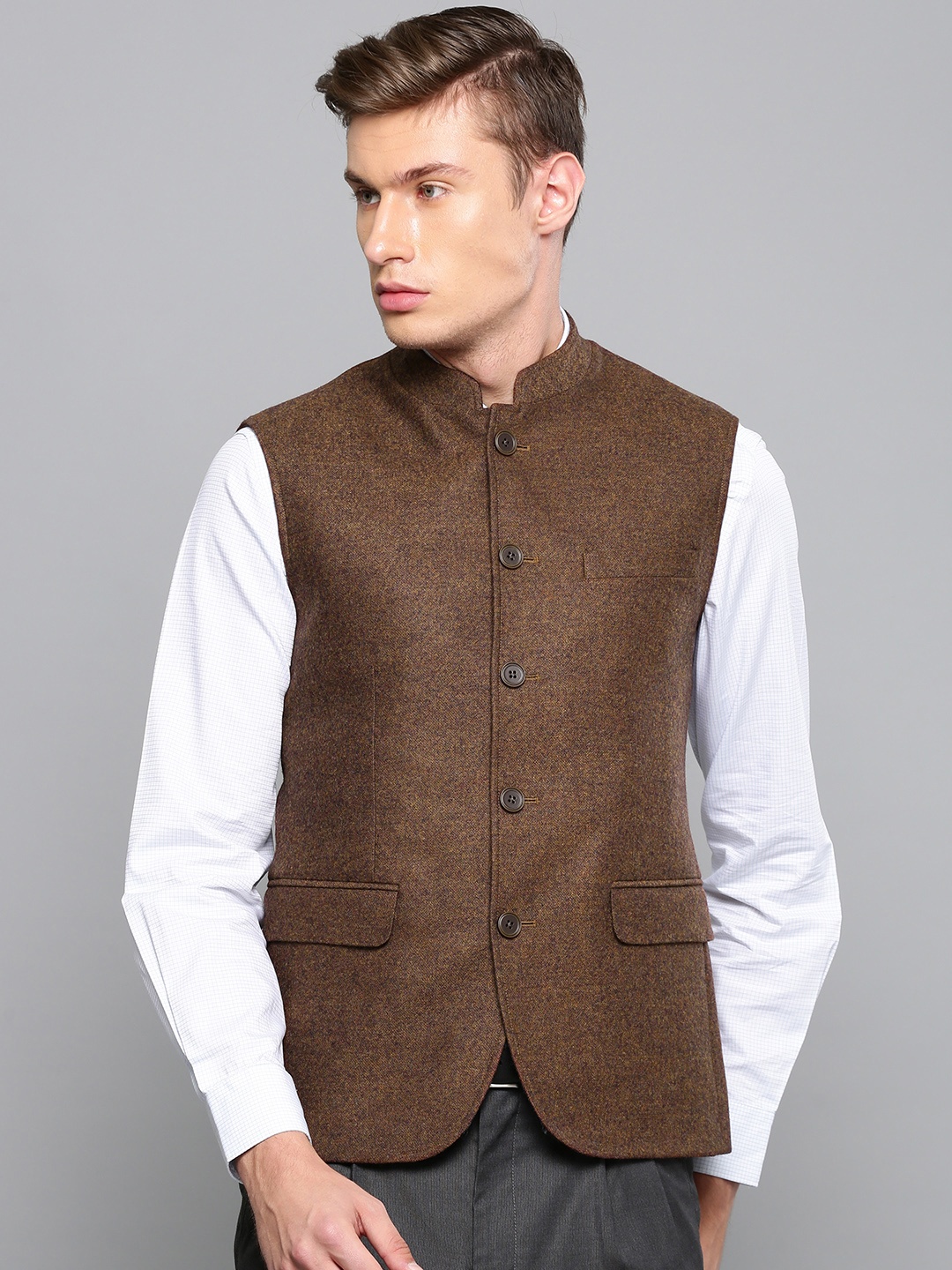 

Louis Philippe Men Brown Solid Pure Woolen Nehru Jacket