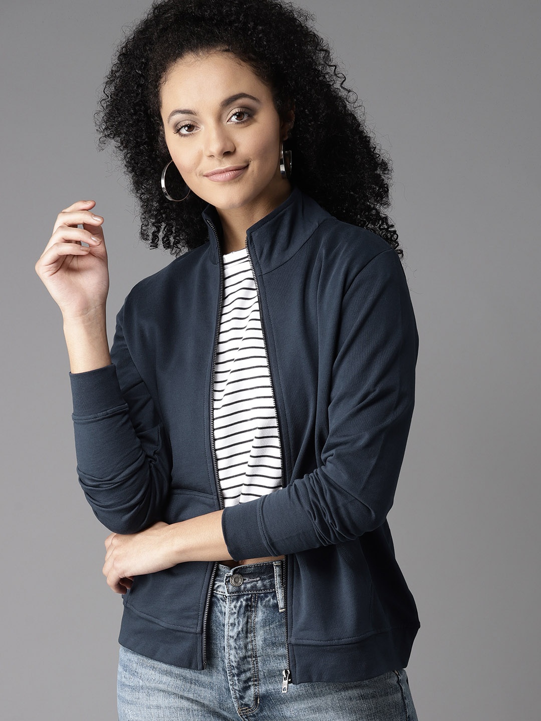 

HERE&NOW Women Navy Blue Solid Sweatshirt