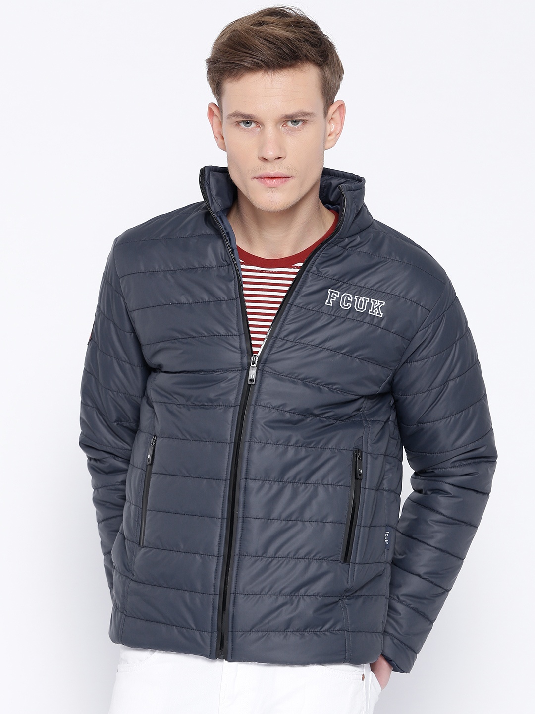 

French Connection Men Navy Blue Solid Quilted Jacket
