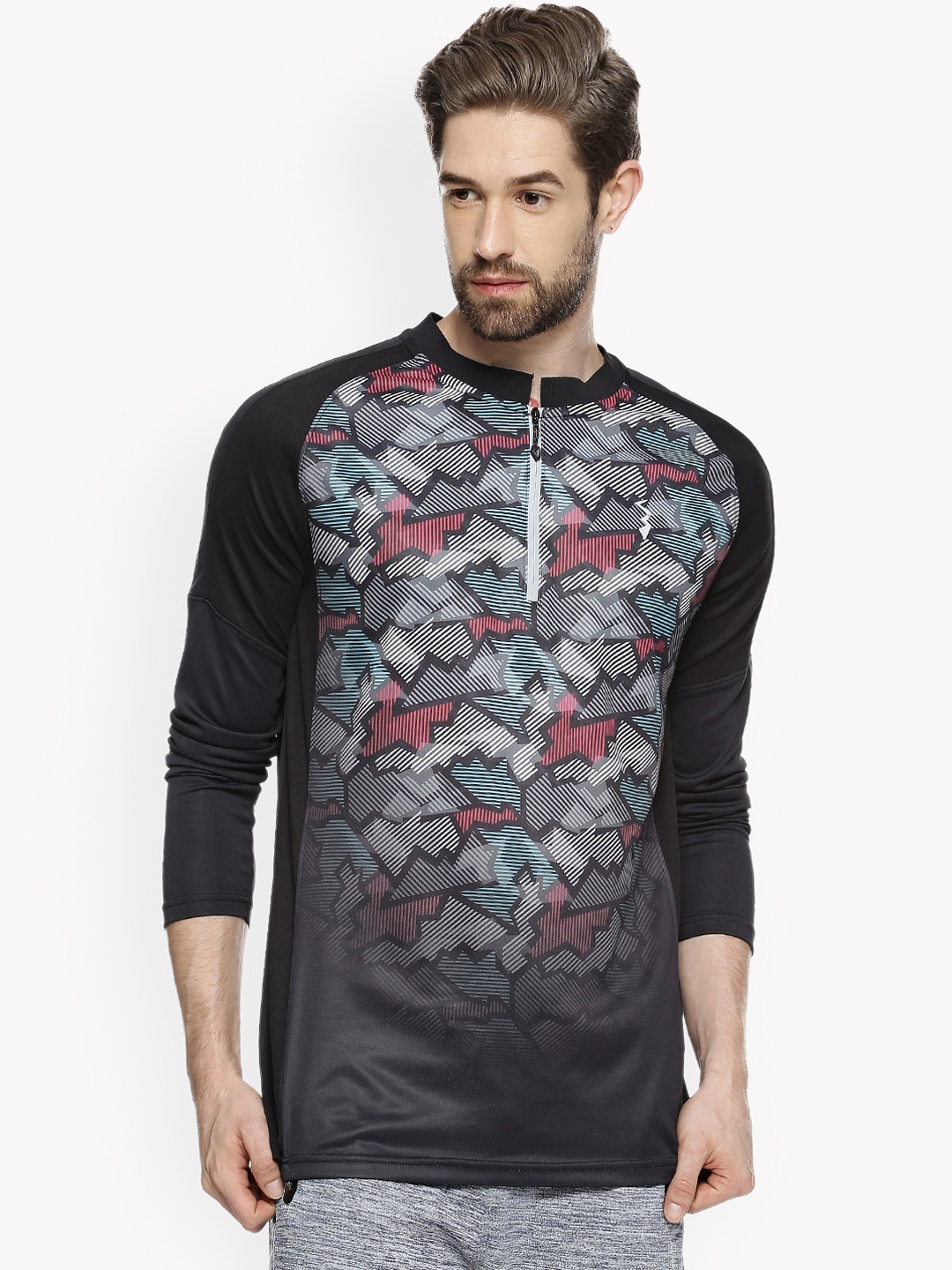 

Campus Sutra Men Black Printed Mandarin Collar T-shirt
