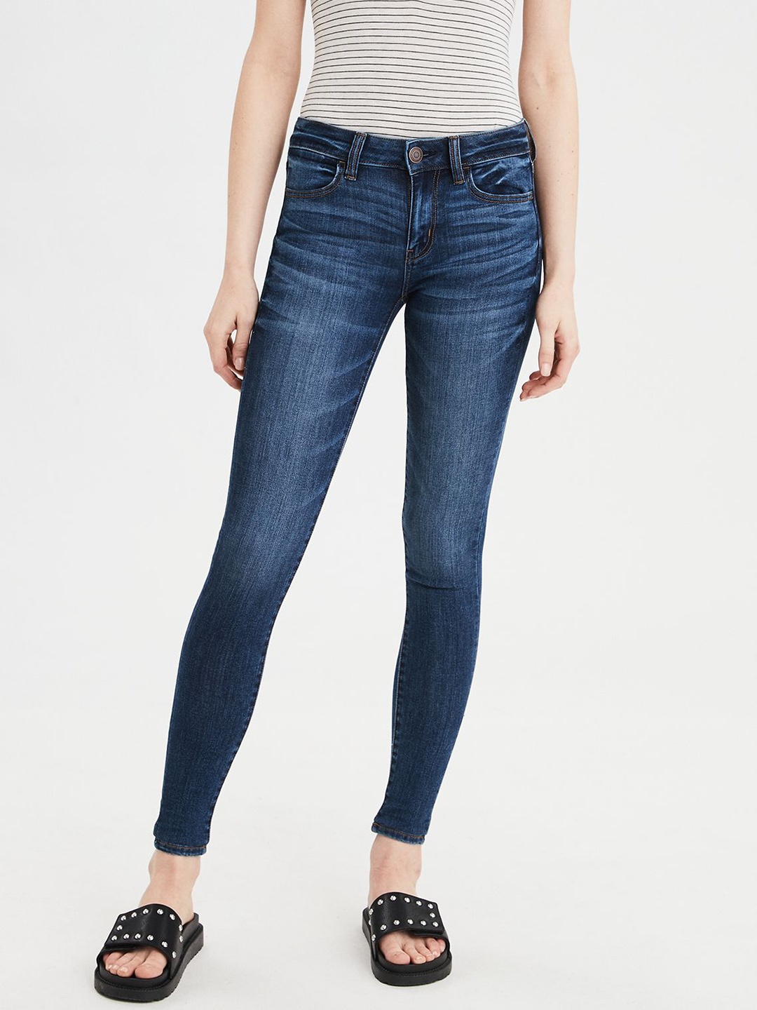 

AMERICAN EAGLE OUTFITTERS Women Blue Jeggings Fit Low-Rise Clean Look Stretchable Jeans