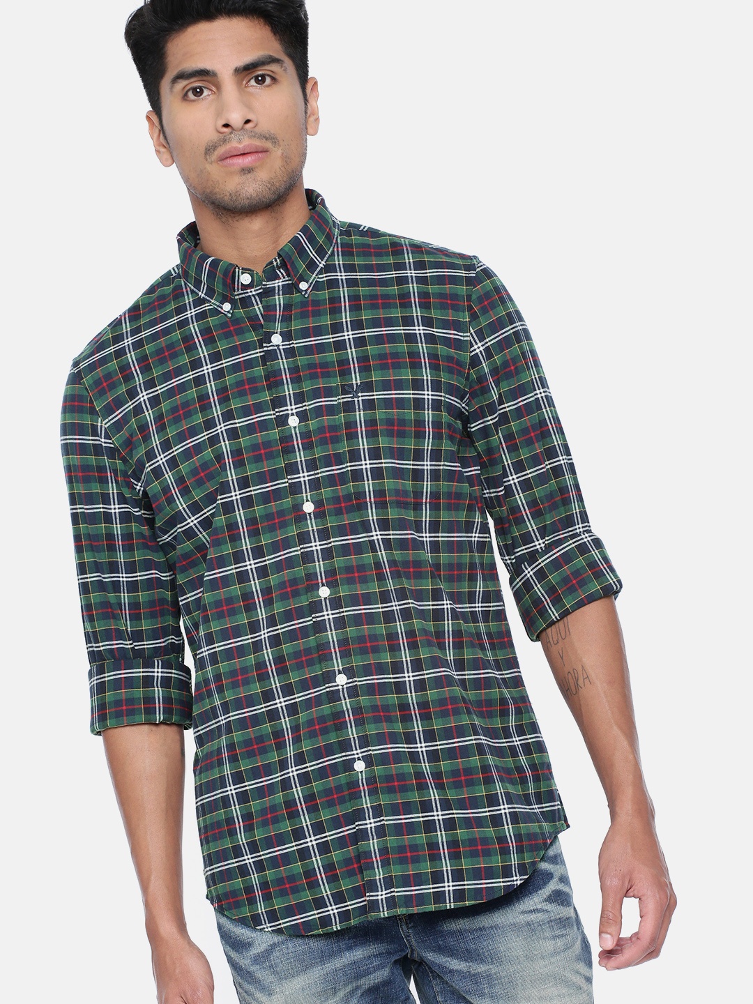 

AMERICAN EAGLE OUTFITTERS Men Green & Navy Blue Slim Fit Checked Casual Shirt