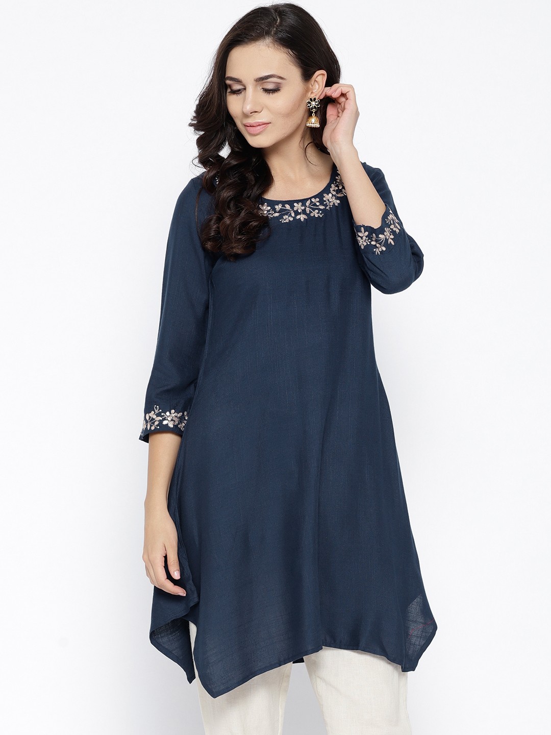 

Biba Women Navy Blue Solid A-Line Kurta