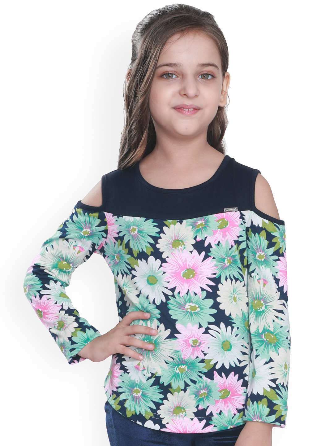 

CUTECUMBER Girls Navy Blue Floral Print Top