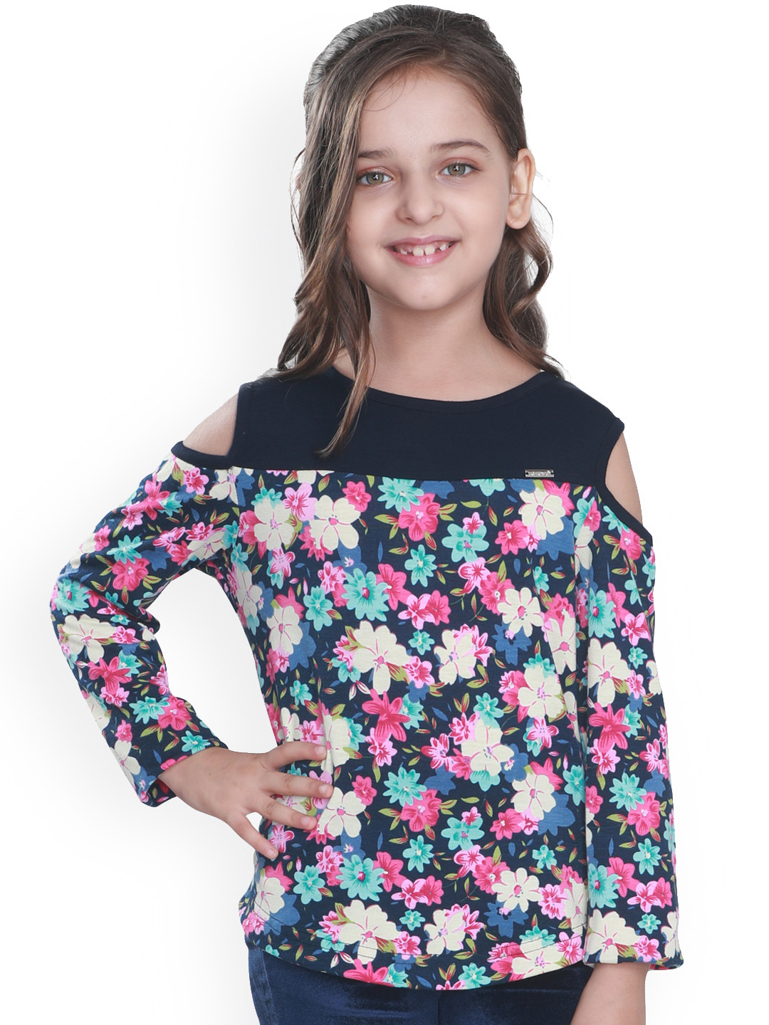 

CUTECUMBER Girls Navy Blue Floral Print Top