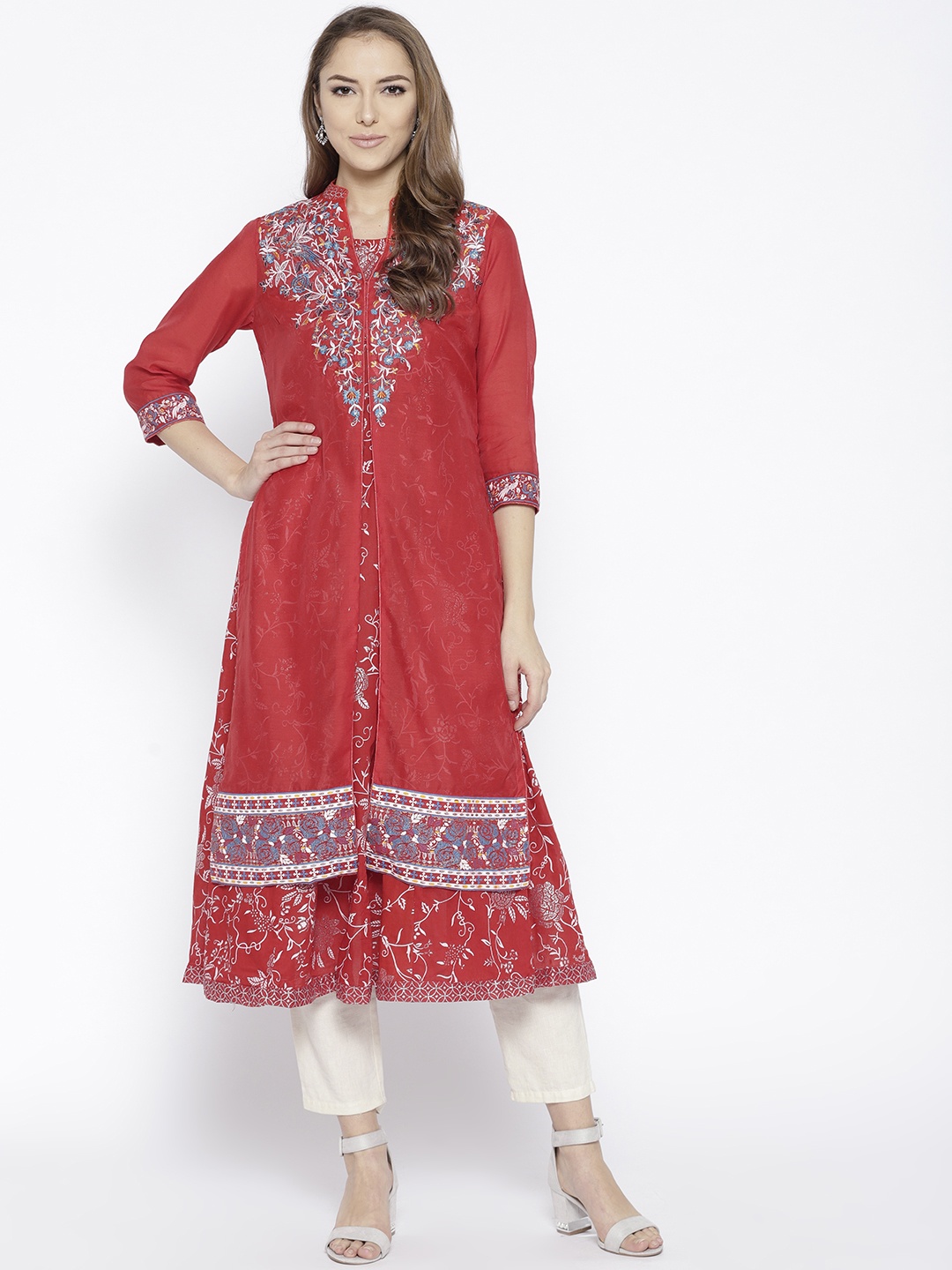 

Biba Women Red & White Printed A-Line Layered Kurta