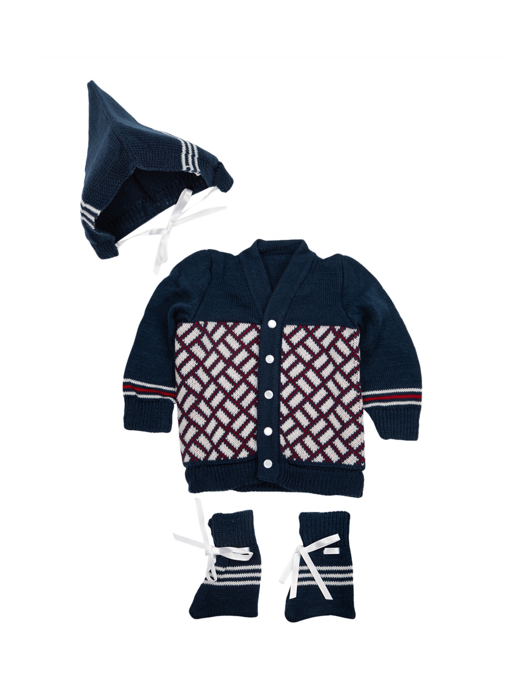 

MeeMee Unisex Navy Blue & White Self Design Cardigan