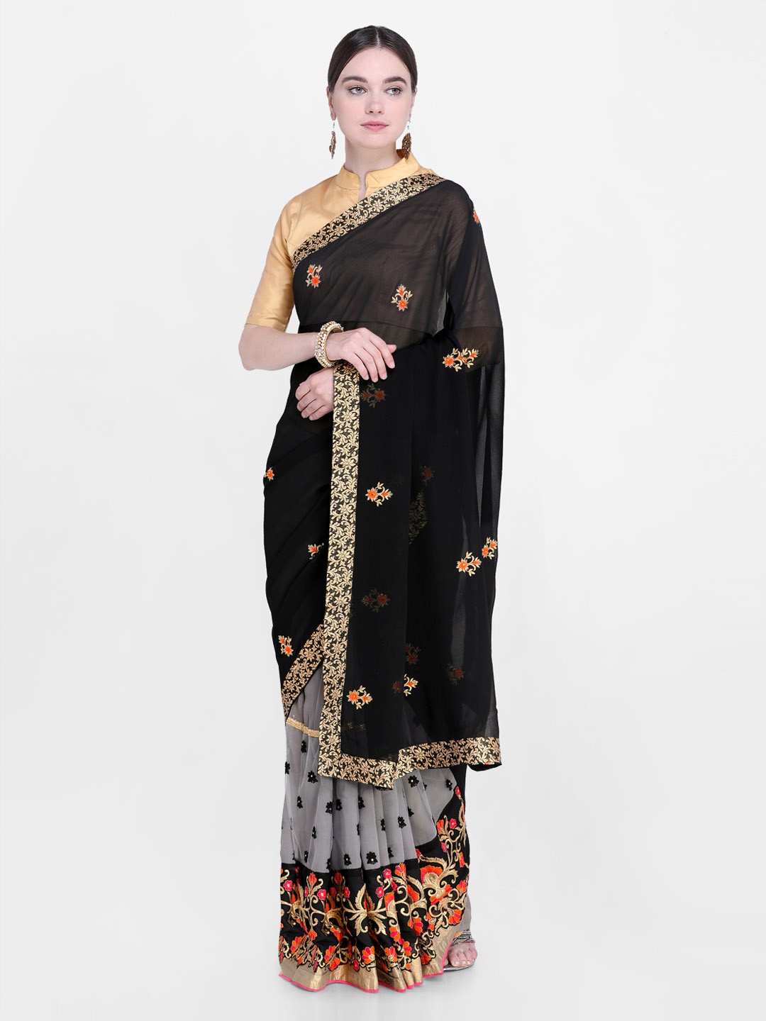 

Kalista Black & Grey Poly Georgette Embroidered Saree