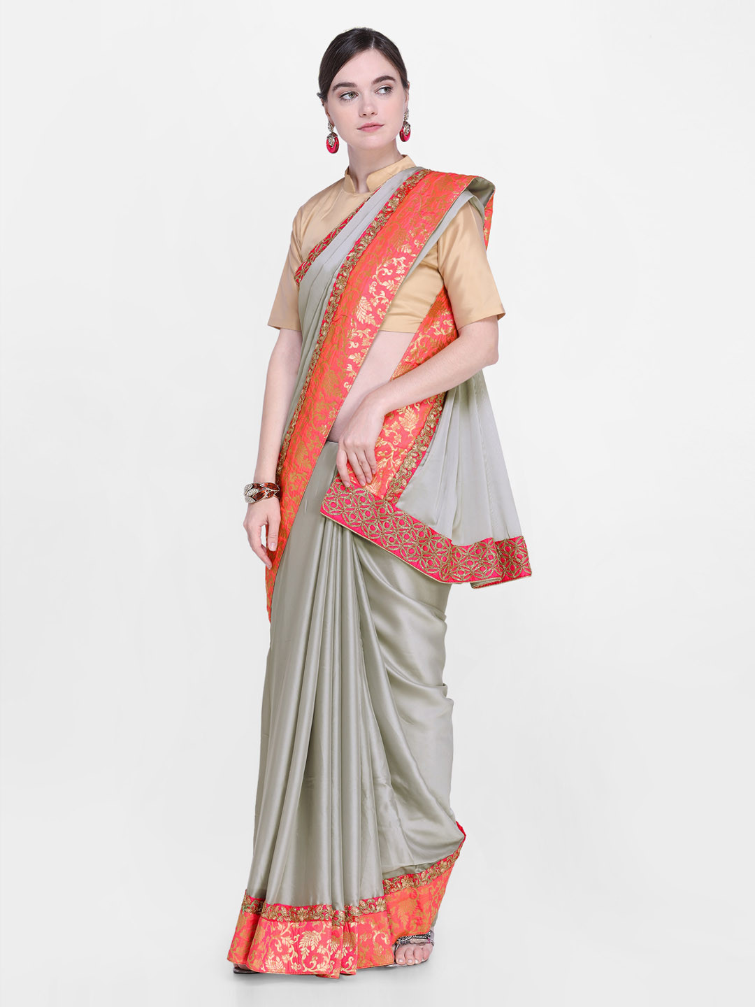 

Kalista Grey Solid Saree With Embroidered Border