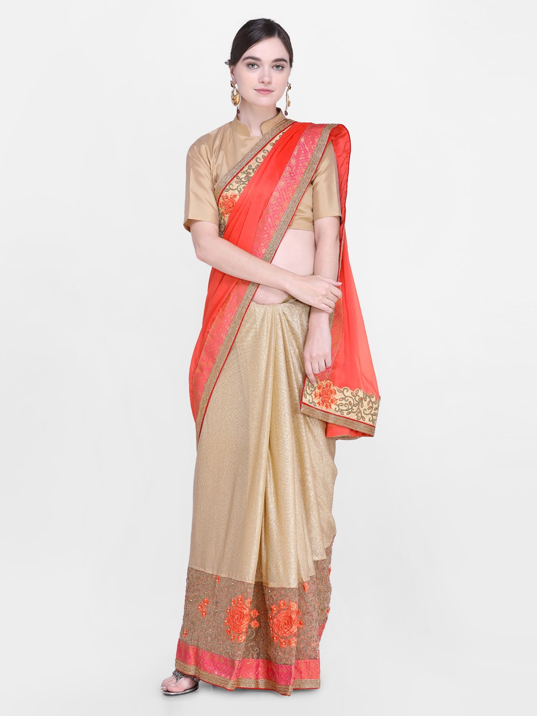 

Kalista Orange & Beige Poly Georgette Half-and-Half Woven Design Saree