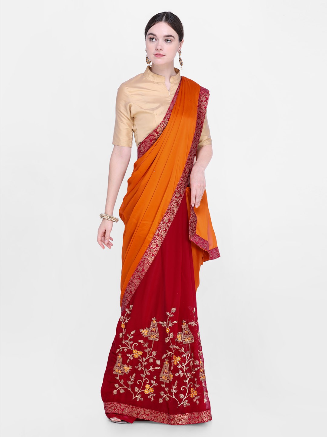 

Kalista Orange & Red Poly Georgette Solid Half & Half Saree with Embroidered Detail
