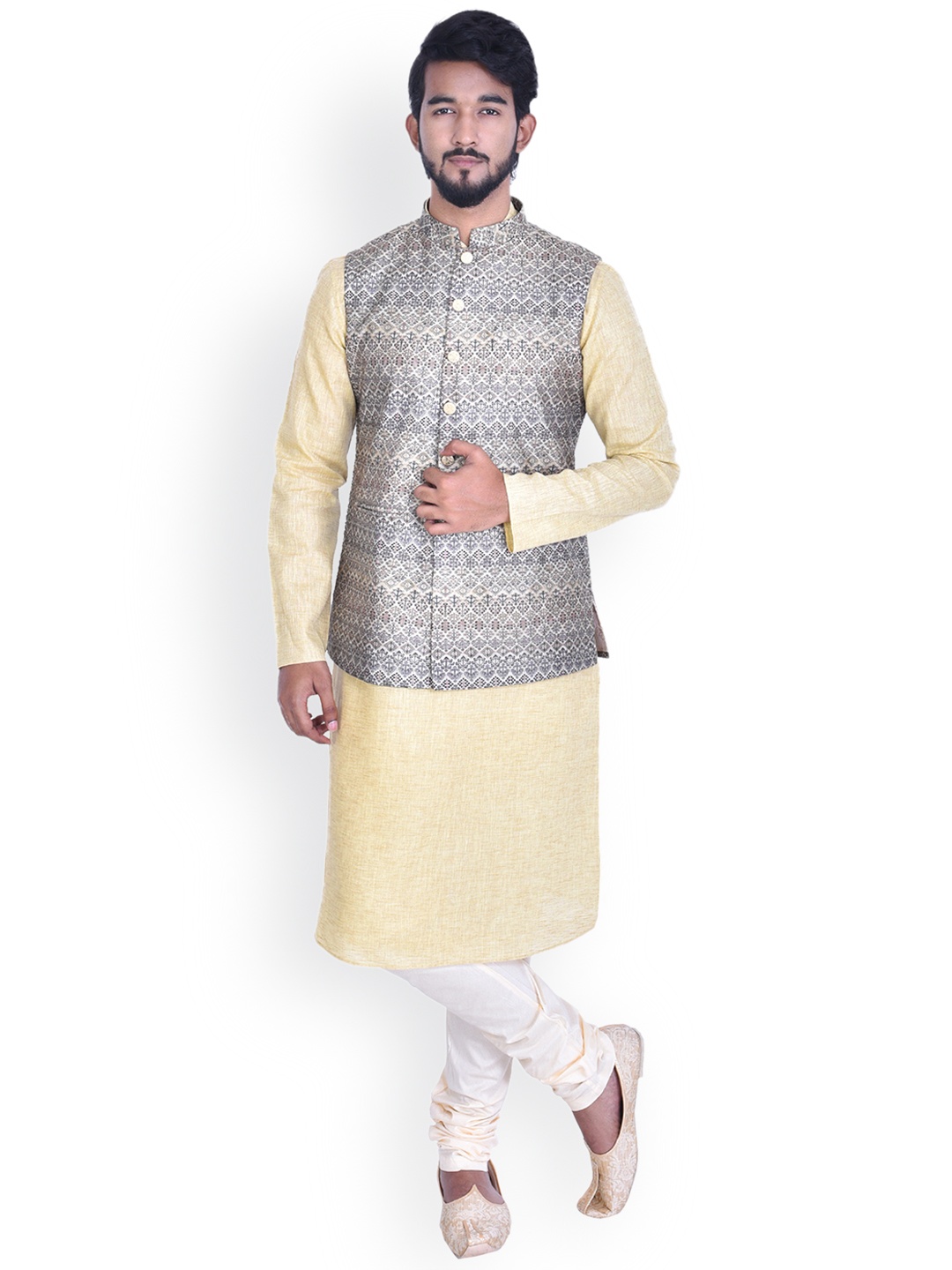 

Manyavar Men Beige Solid Kurta & Churidar with Cream Nehru Jacket