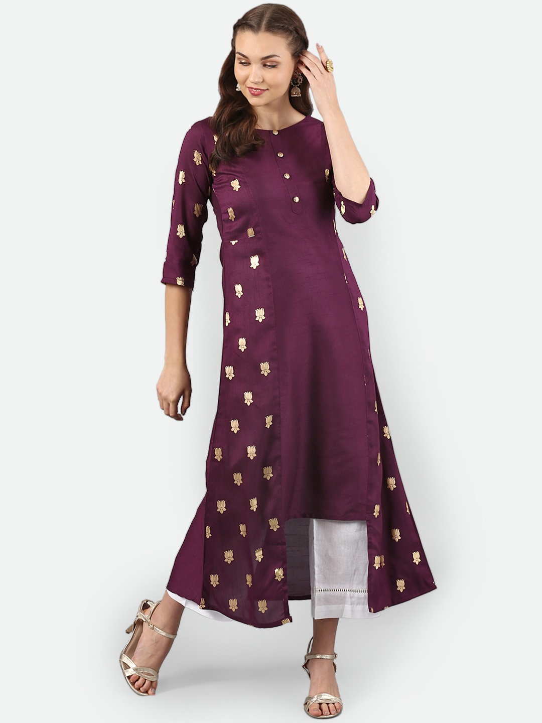 

Janasya Women Purple Printed A-Line Kurta
