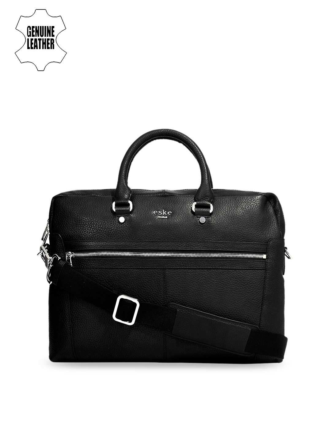 

Eske Men Black Leather Solid Laptop Bag with Sling Strap