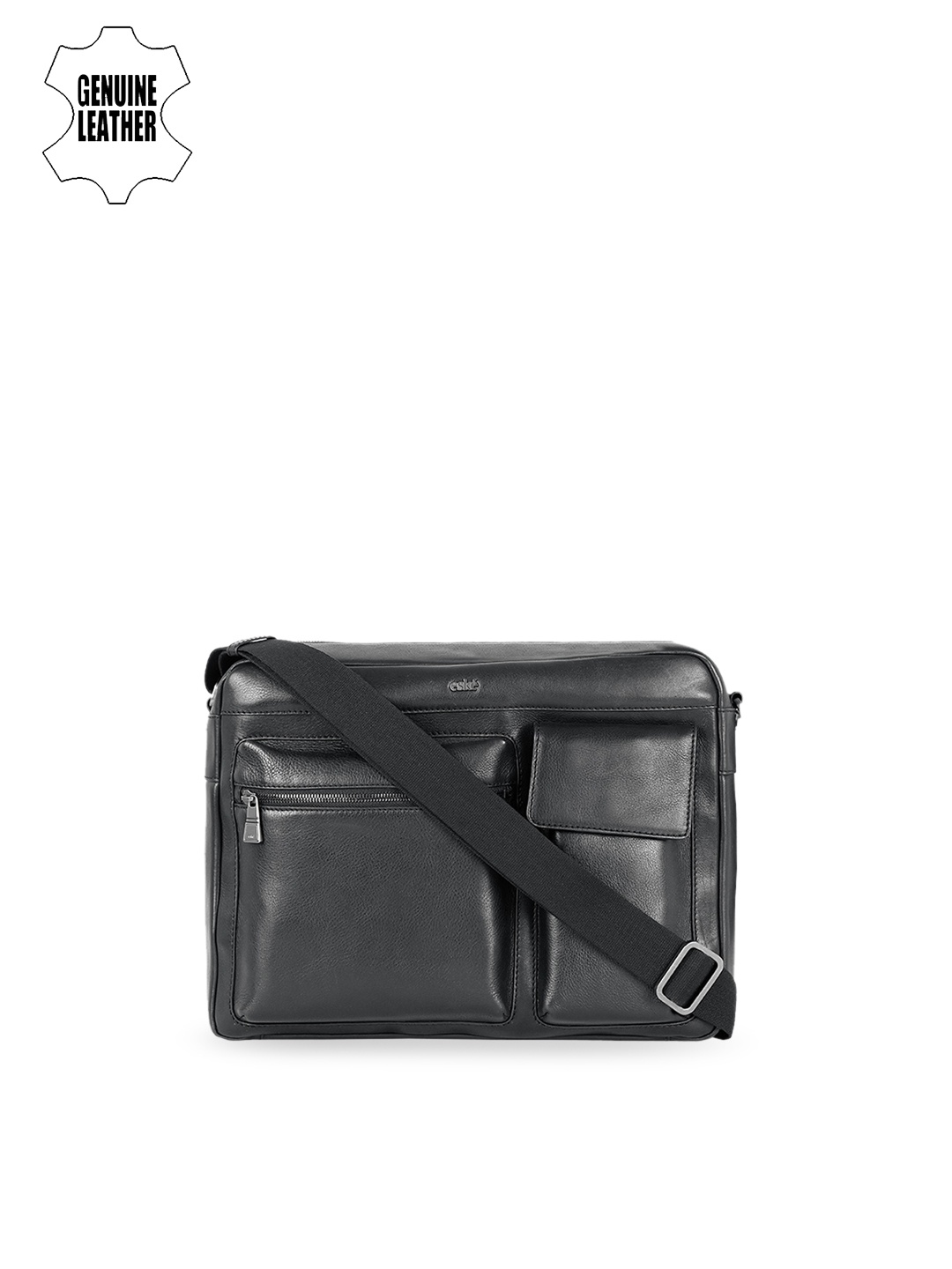 

Eske Men Black Leather Solid Laptop Bag with Sling Strap