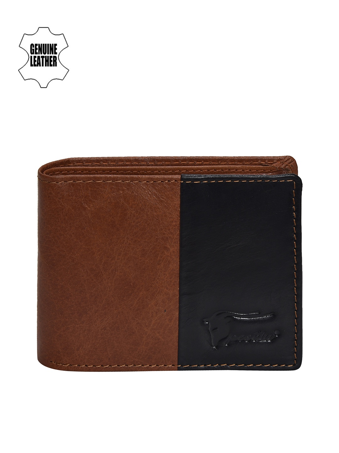 

Peseta Men Tan Brown & Black Colourblocked Two Fold Leather Wallet