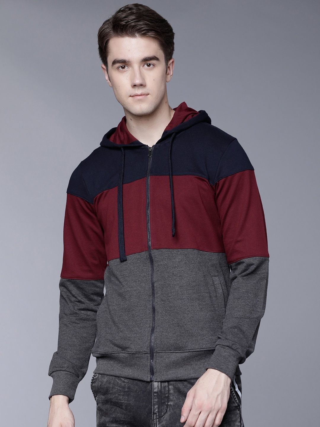 

HIGHLANDER Men Navy Blue & Maroon Colourblocked Hooded Sweatshirt