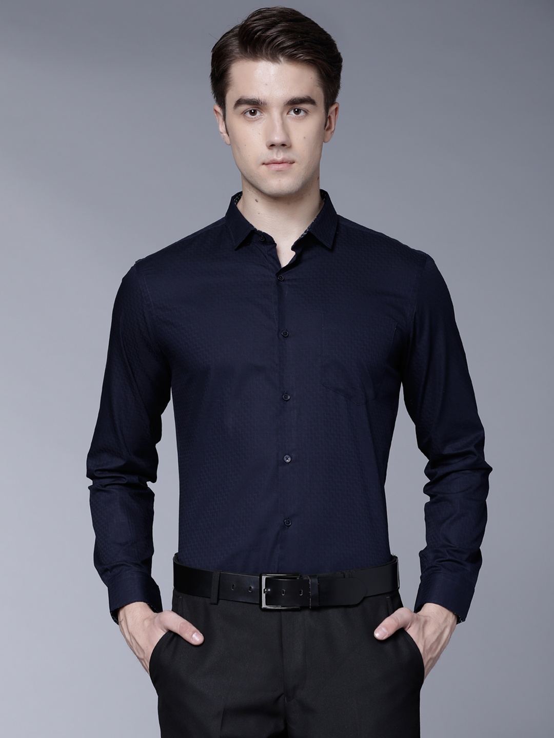 

Black coffee Men Navy Blue Slim Fit Self Design Semiformal Shirt