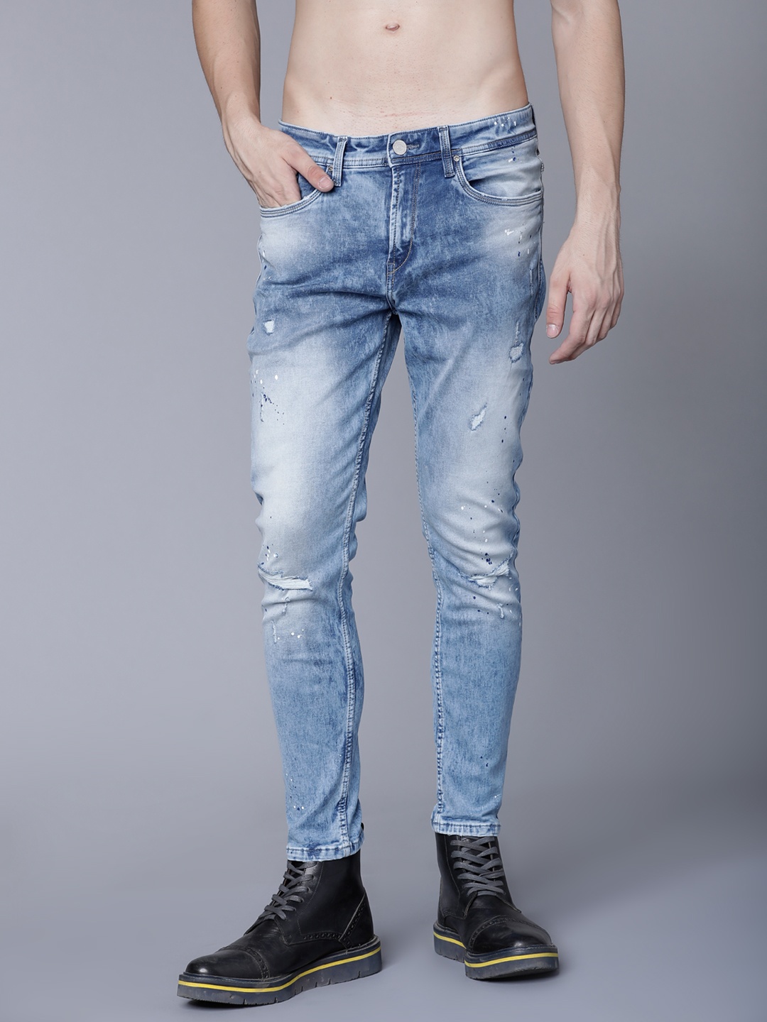 

LOCOMOTIVE Men Blue Slim Tapered Fit Mid-Rise Low Distress Stretchable Jeans