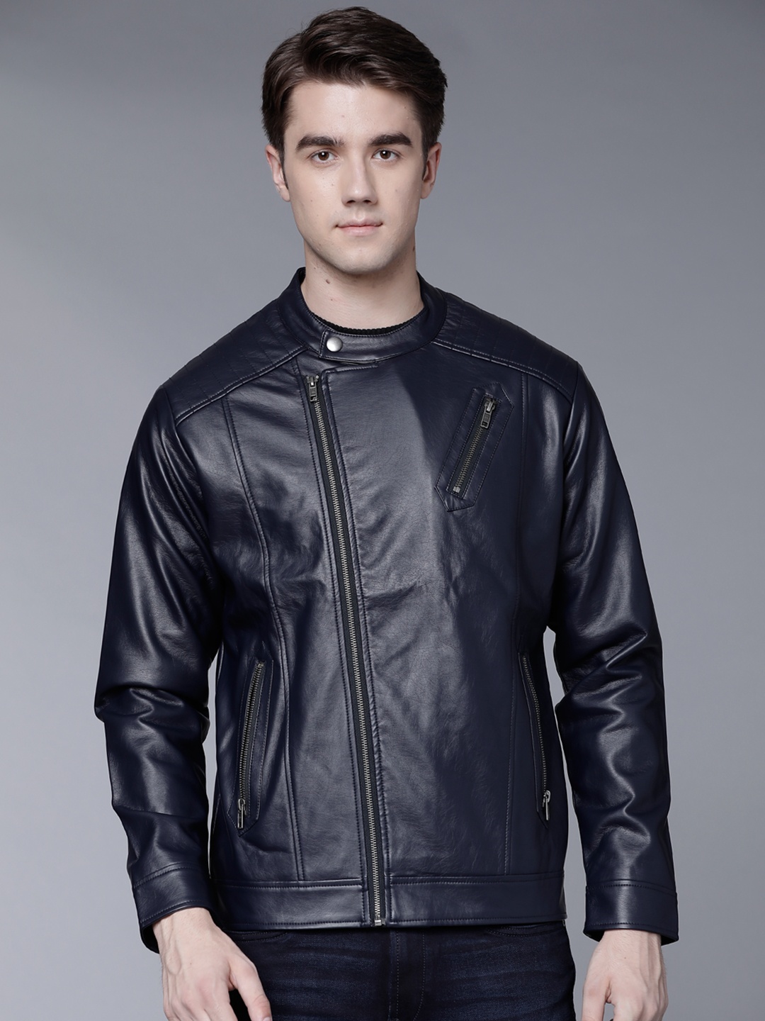 

LOCOMOTIVE Men Navy Blue Solid Biker Jacket