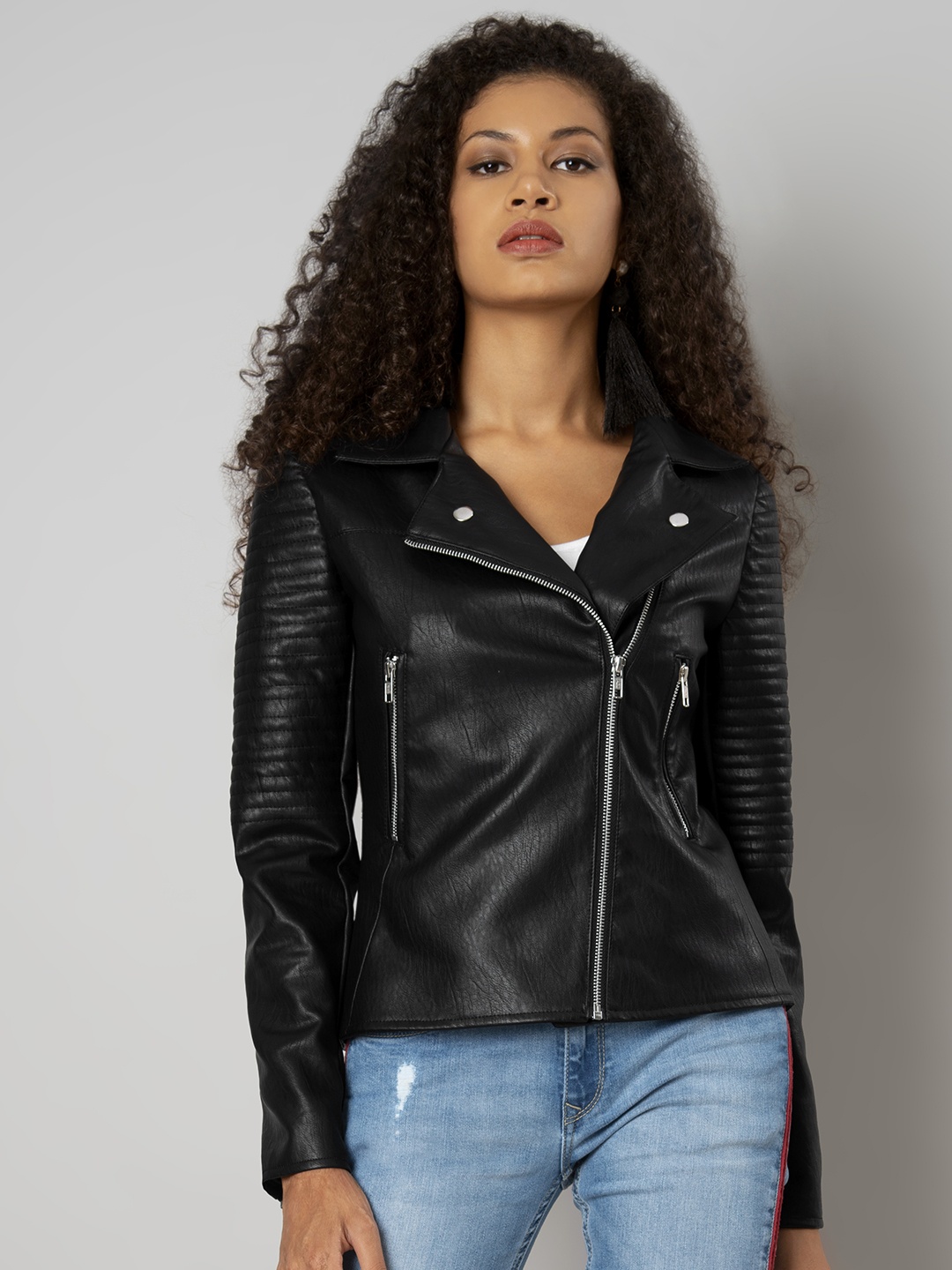 

FabAlley Women Black Solid Biker Jacket