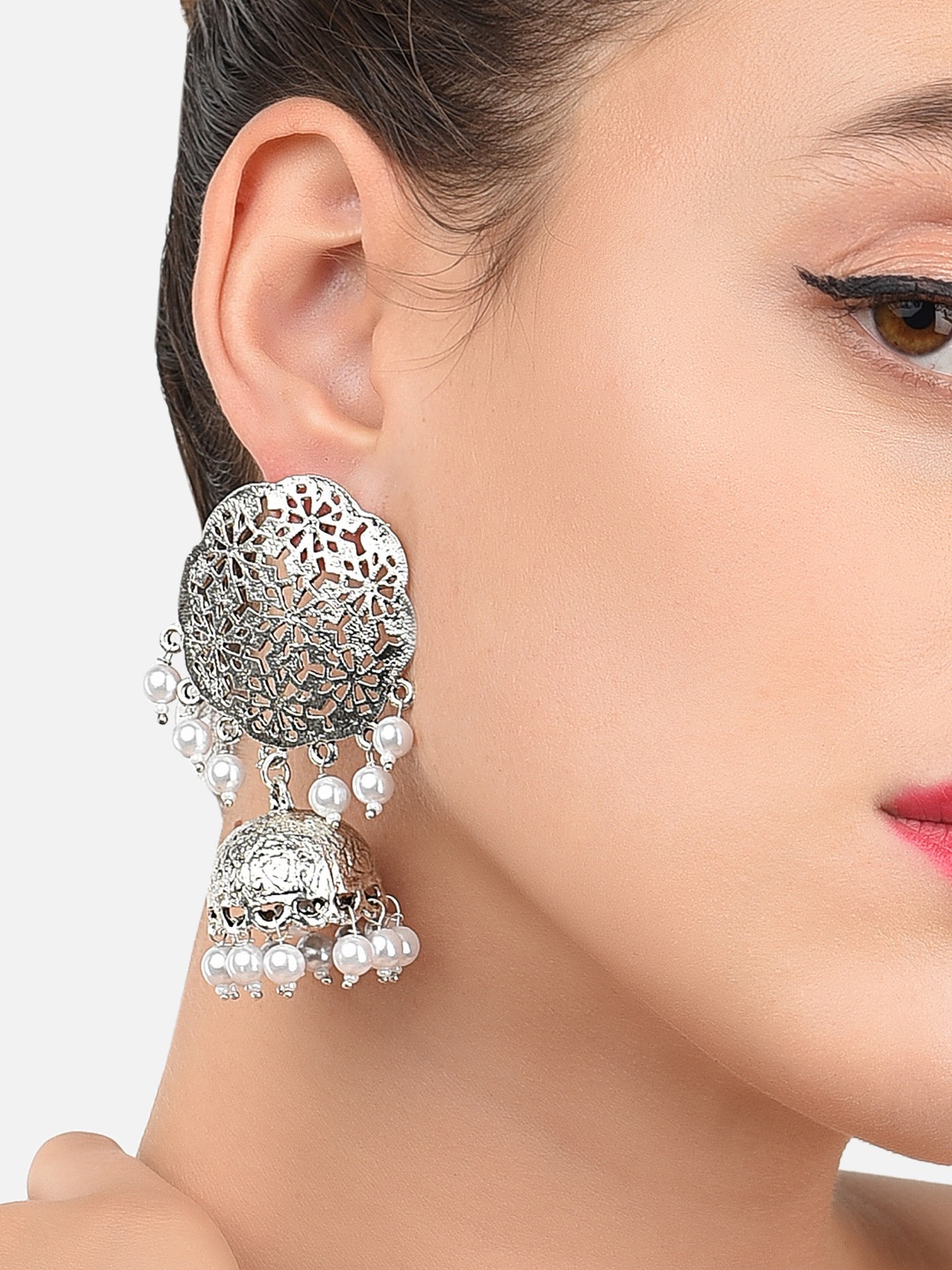 

Zaveri Pearls Silver-Toned Oxidized Dome Shaped Jhumkas