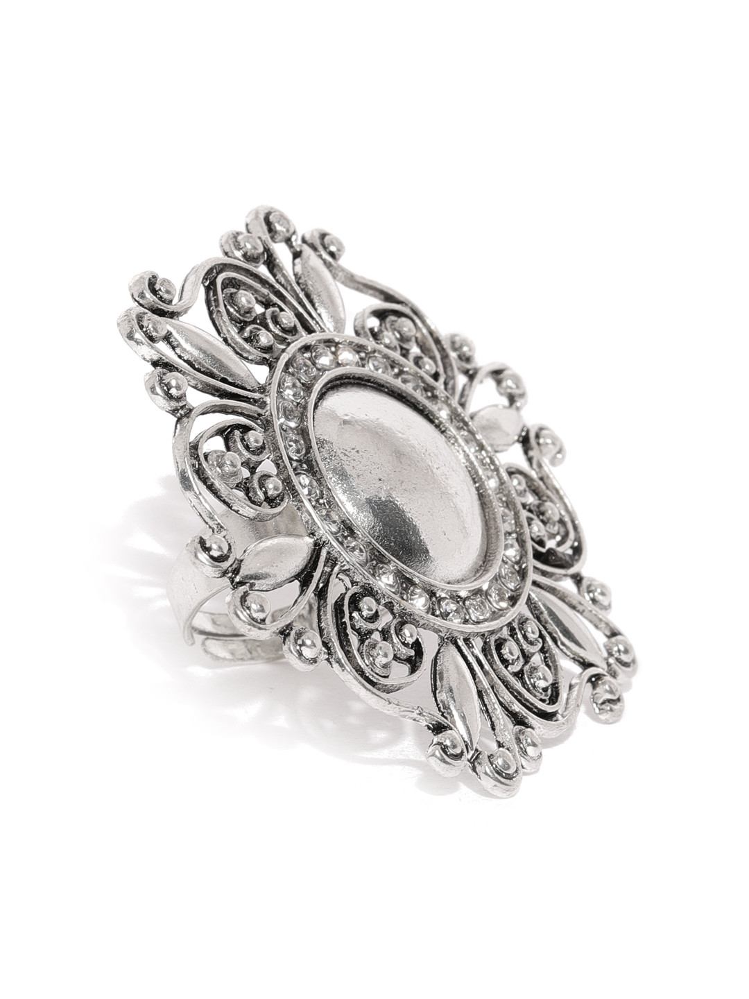 

Zaveri Pearls Women Silver-Toned Oxidised Stone Studded Adjustable Finger Ring