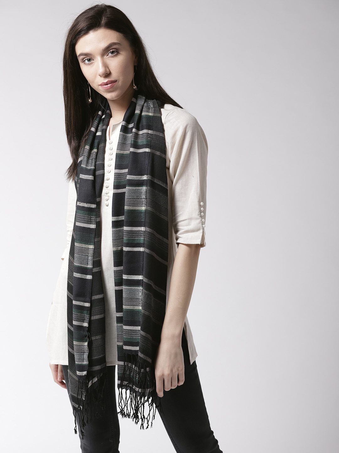 

Style Quotient Women Black & Green Striped Stole