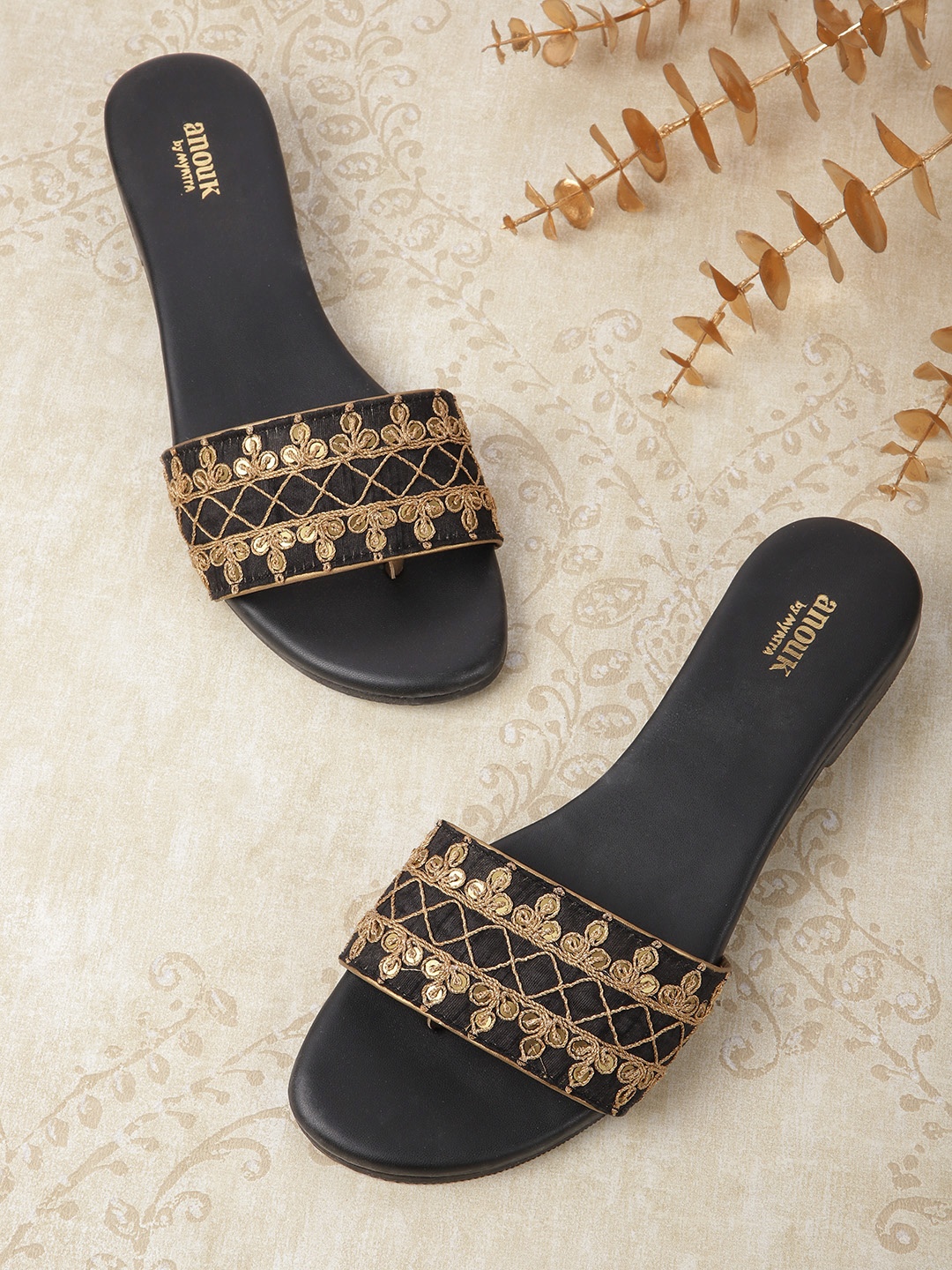 

Anouk Women Black & Gold-Toned Woven Design Handcrafted Open Toe Flats