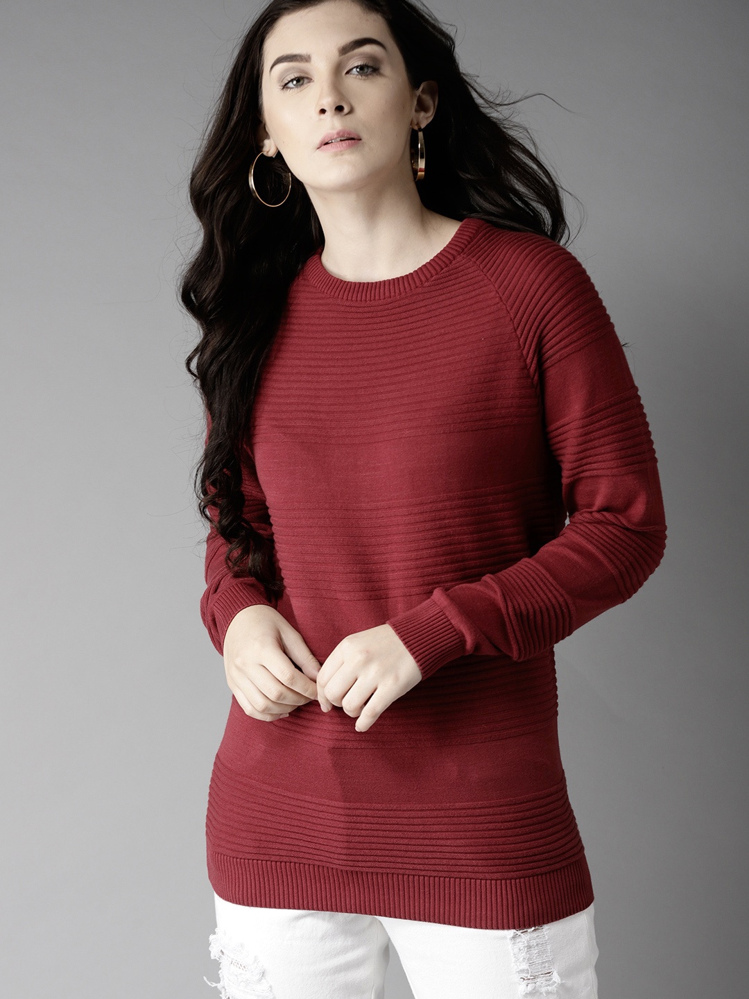 

Moda Rapido Women Maroon Self-Striped Pullover