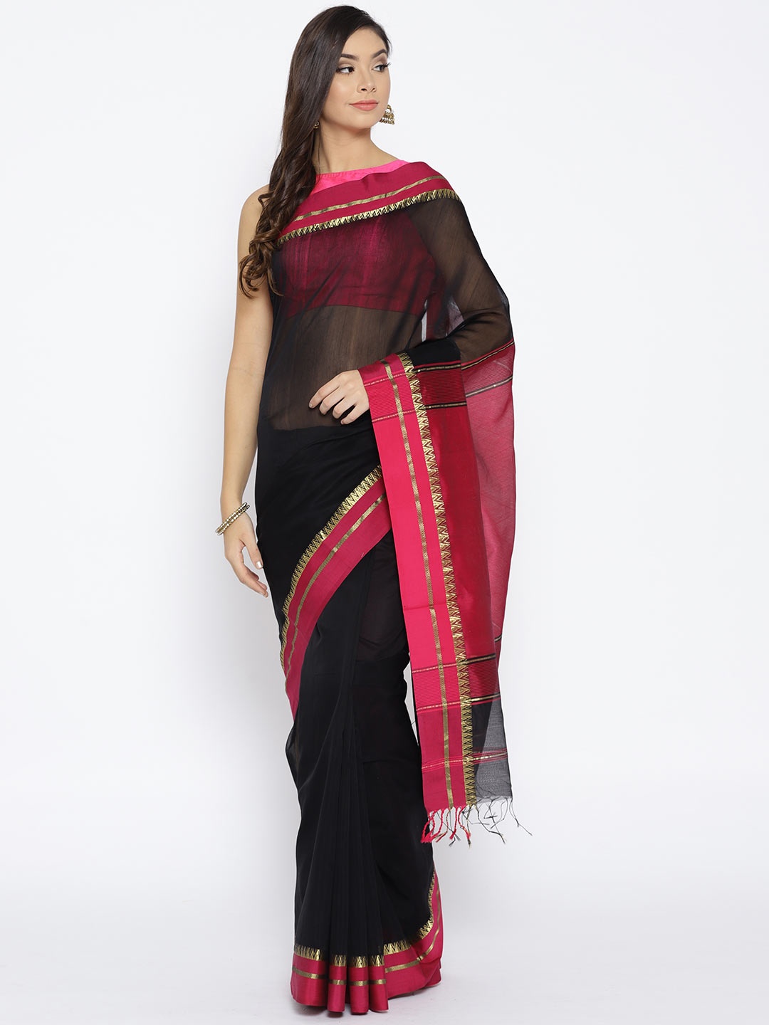 

lal10 Black & Magenta Handloom Solid Maheshwari Saree