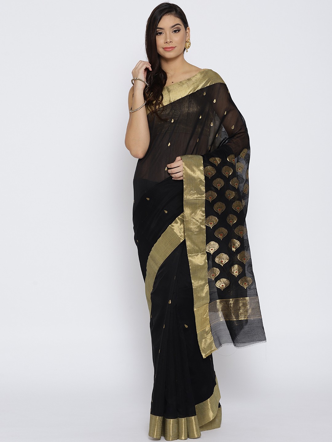 

lal10 Black & Golden Hand Woven Chanderi Saree