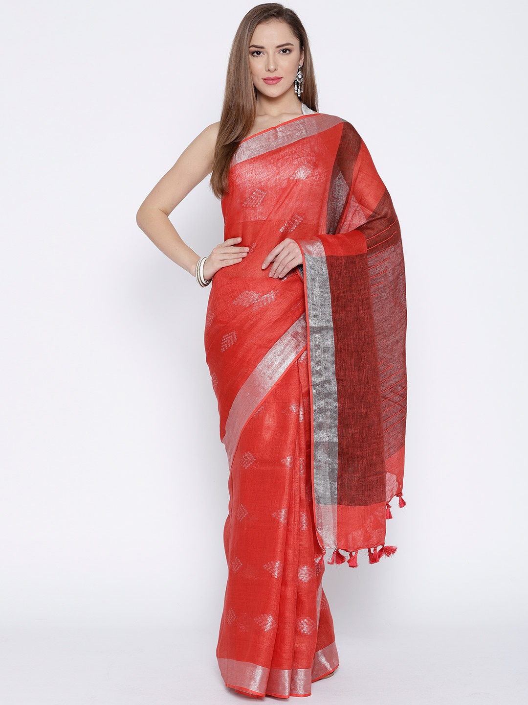 

lal10 Red & Silver Linen Handwoven Bhagalpuri Saree