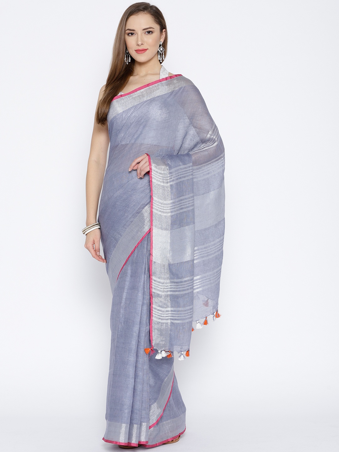 

lal10 Grey & Silver Linen Solid Handwoven Bhagalpuri Saree