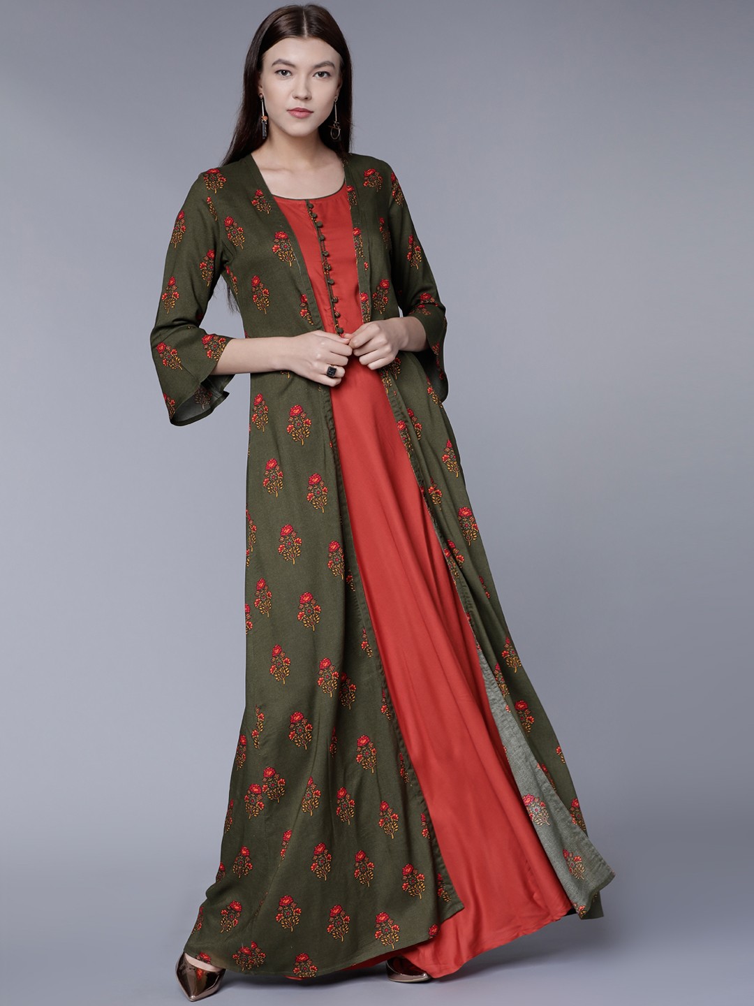 

Vishudh Women Olive Green & Coral Red Printed Layered A-Line Kurta