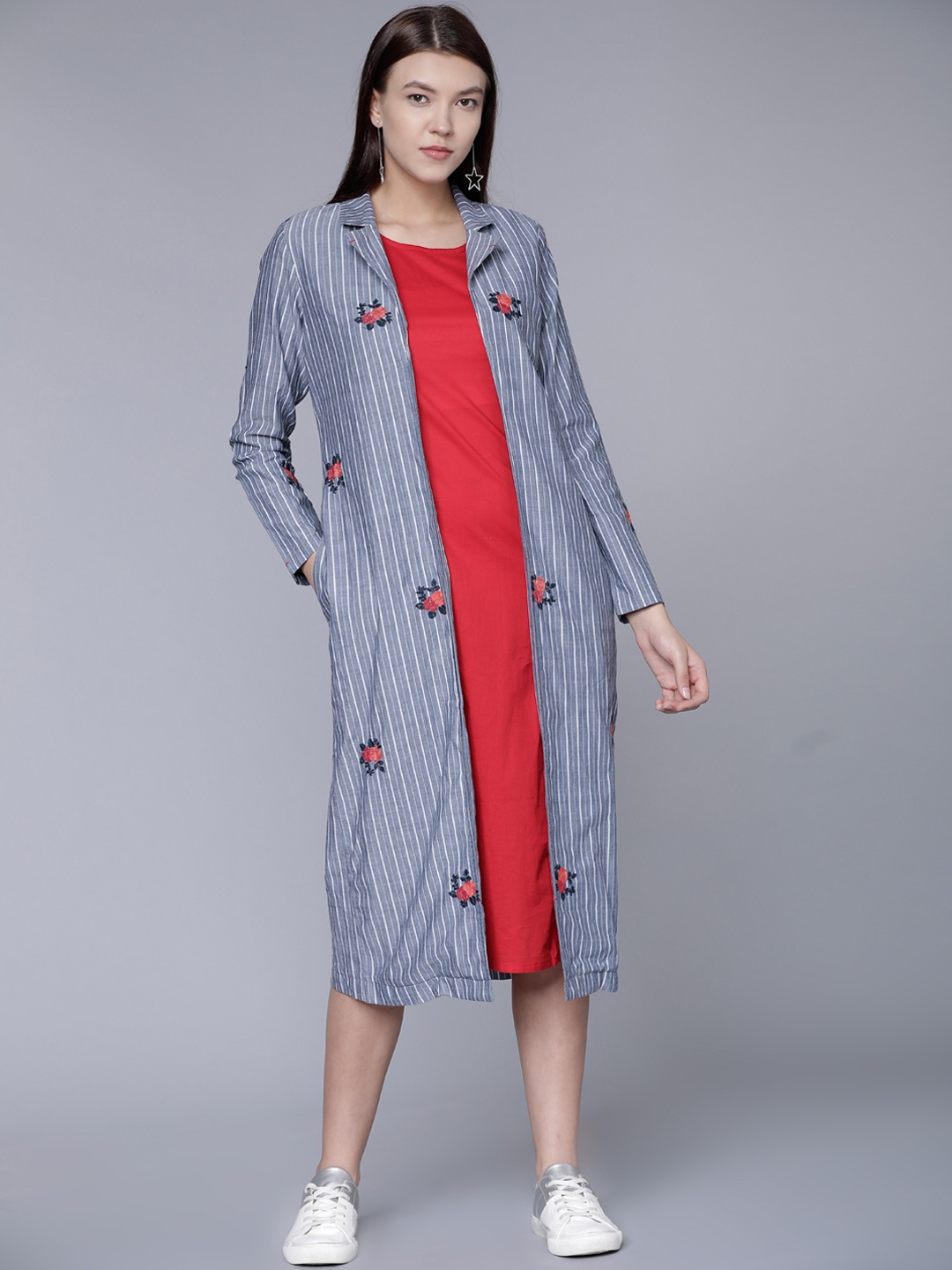 

Vishudh Women Navy Blue & Red Striped Layered A-Line Kurta