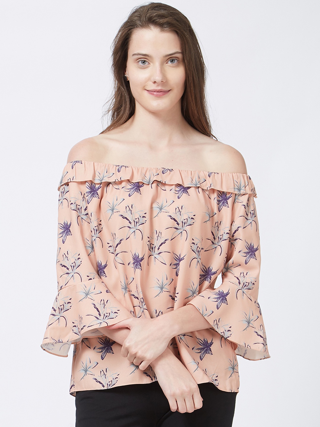 

109F Women Peach-Coloured Printed Bardot Top