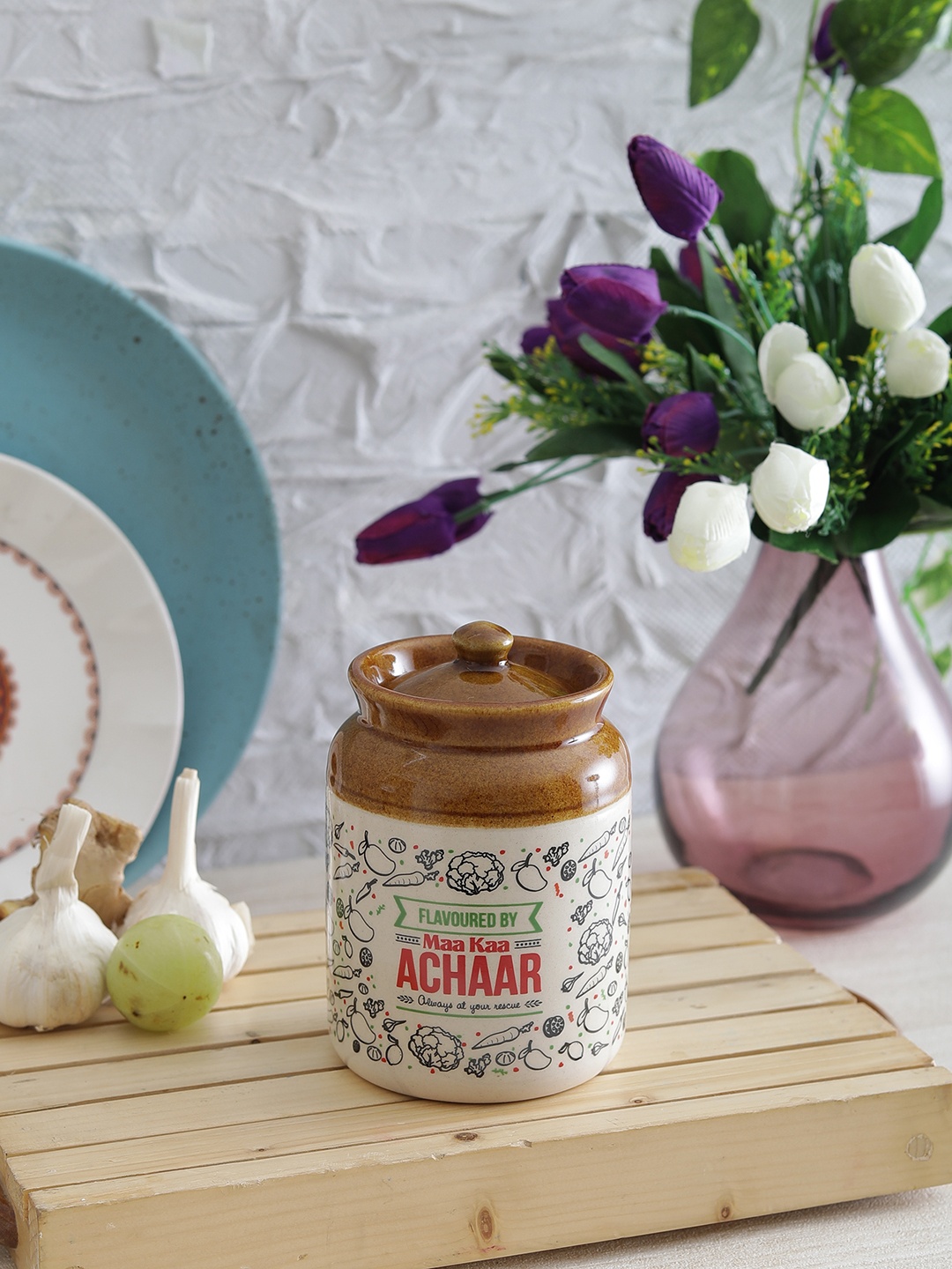 

EK DO DHAI Achaar Handpainted Love Burni Kitchen Storage, Brown