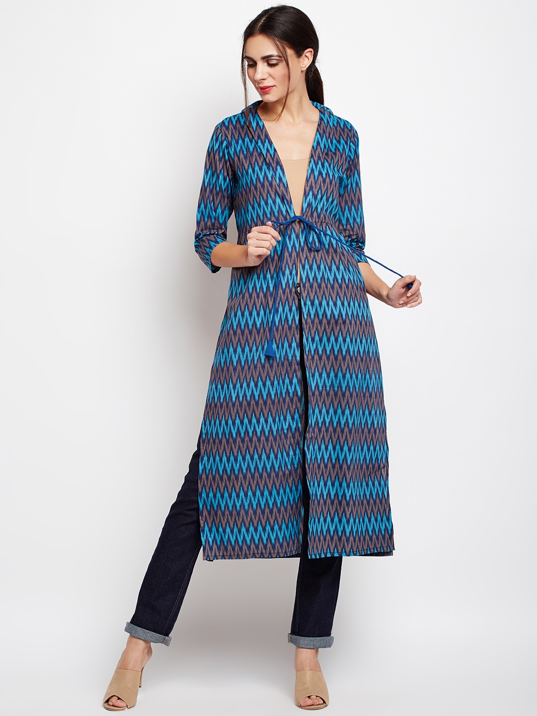 

Azira Blue Printed Longline Tie-Up Shrug