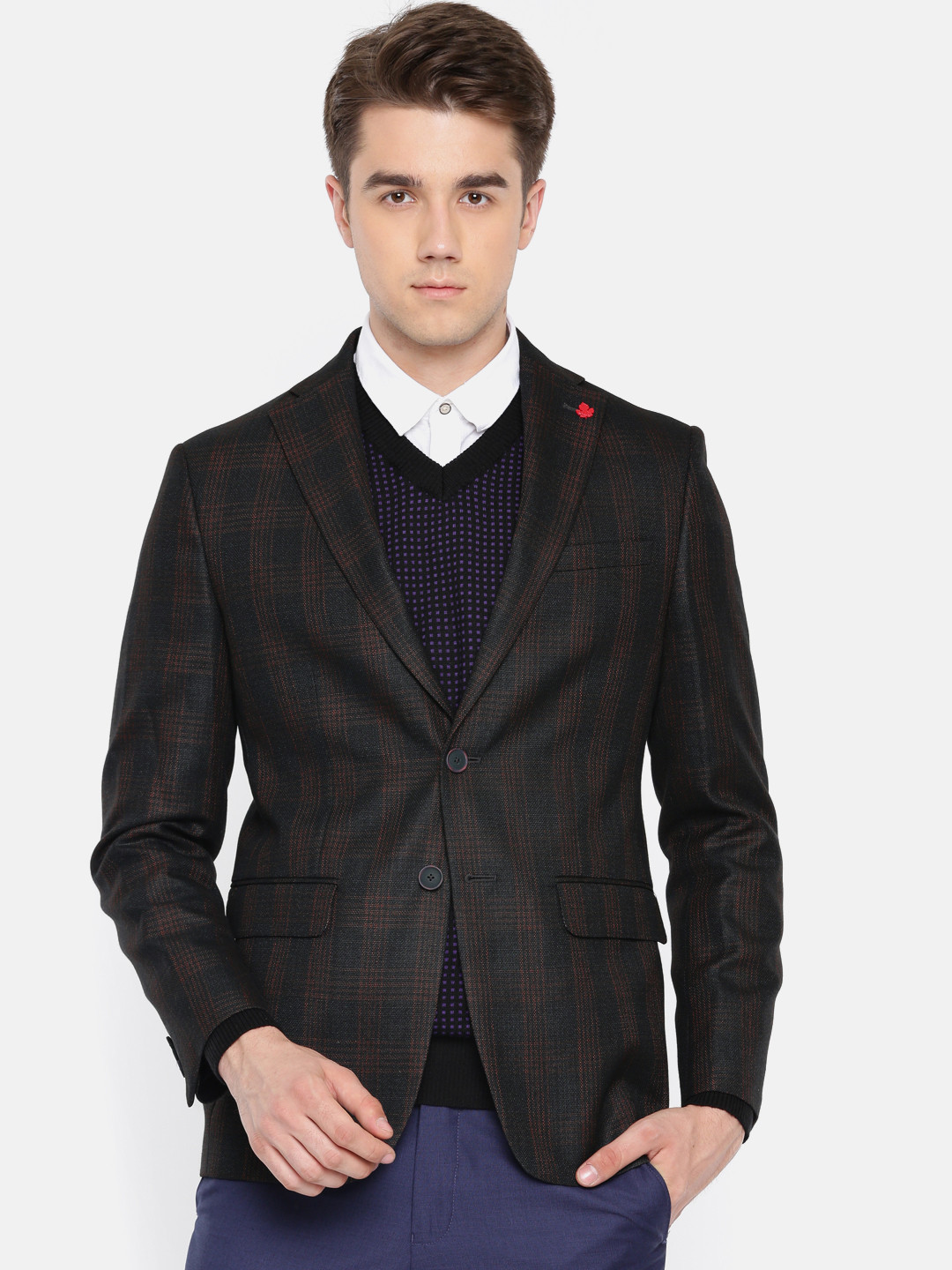 

Peter England Elite Brown Checked Neo-Slim Fit Single-Breasted Formal Blazer