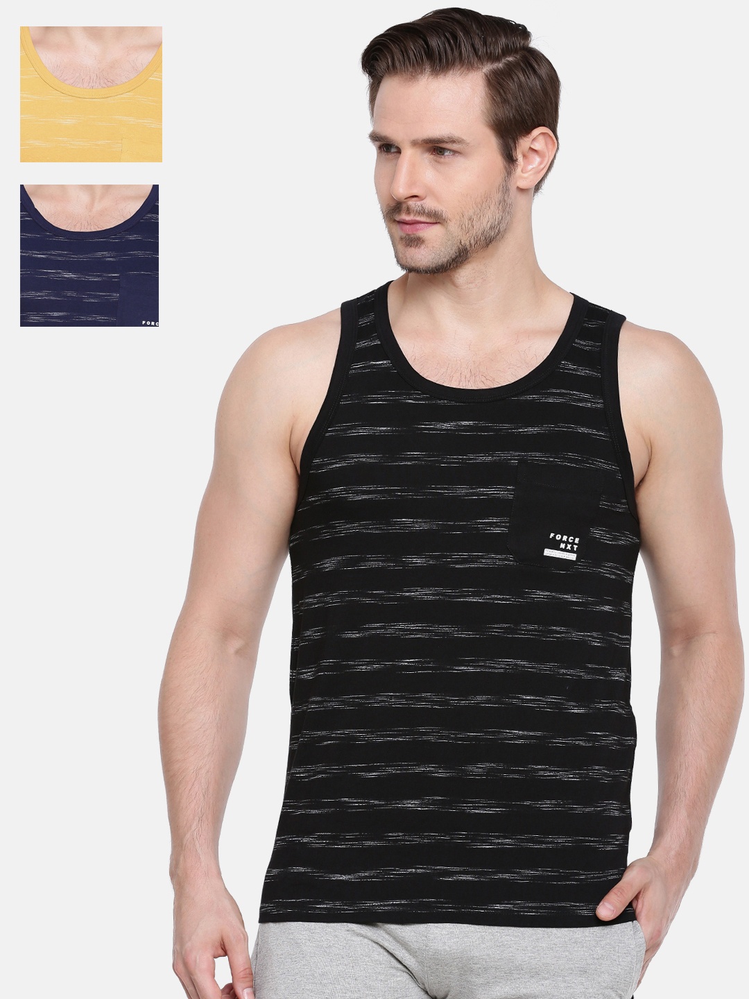 

Force NXT Pack of 3 Striped Injected Cotton Tank Vests, Black