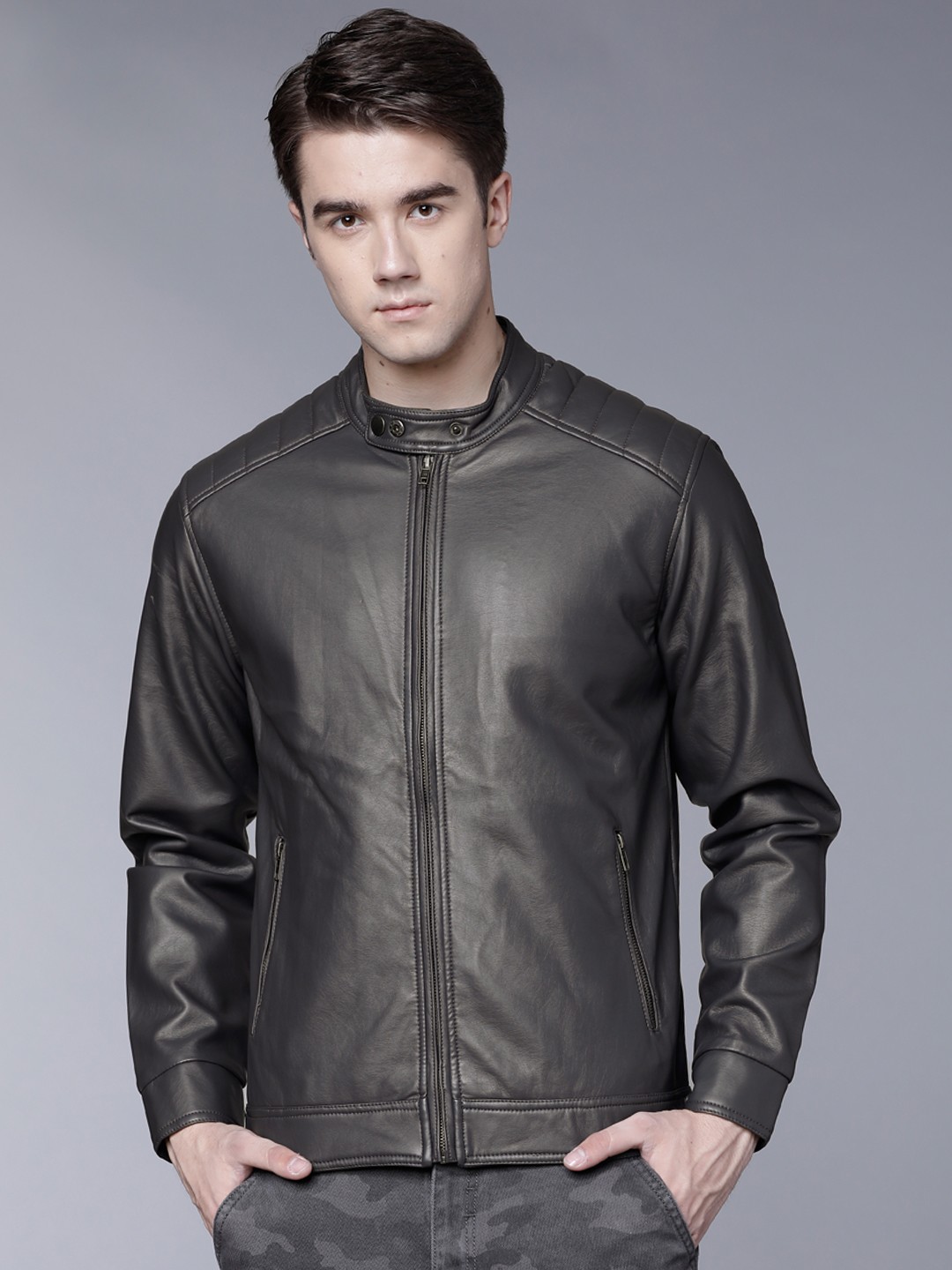 

LOCOMOTIVE Men Grey Solid Biker Jacket