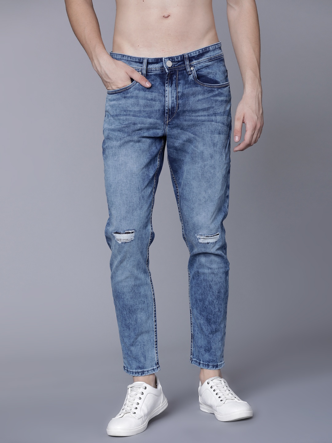 

LOCOMOTIVE Men Blue Slim Tapered Fit Mid-Rise Slash Knee Stretchable Jeans